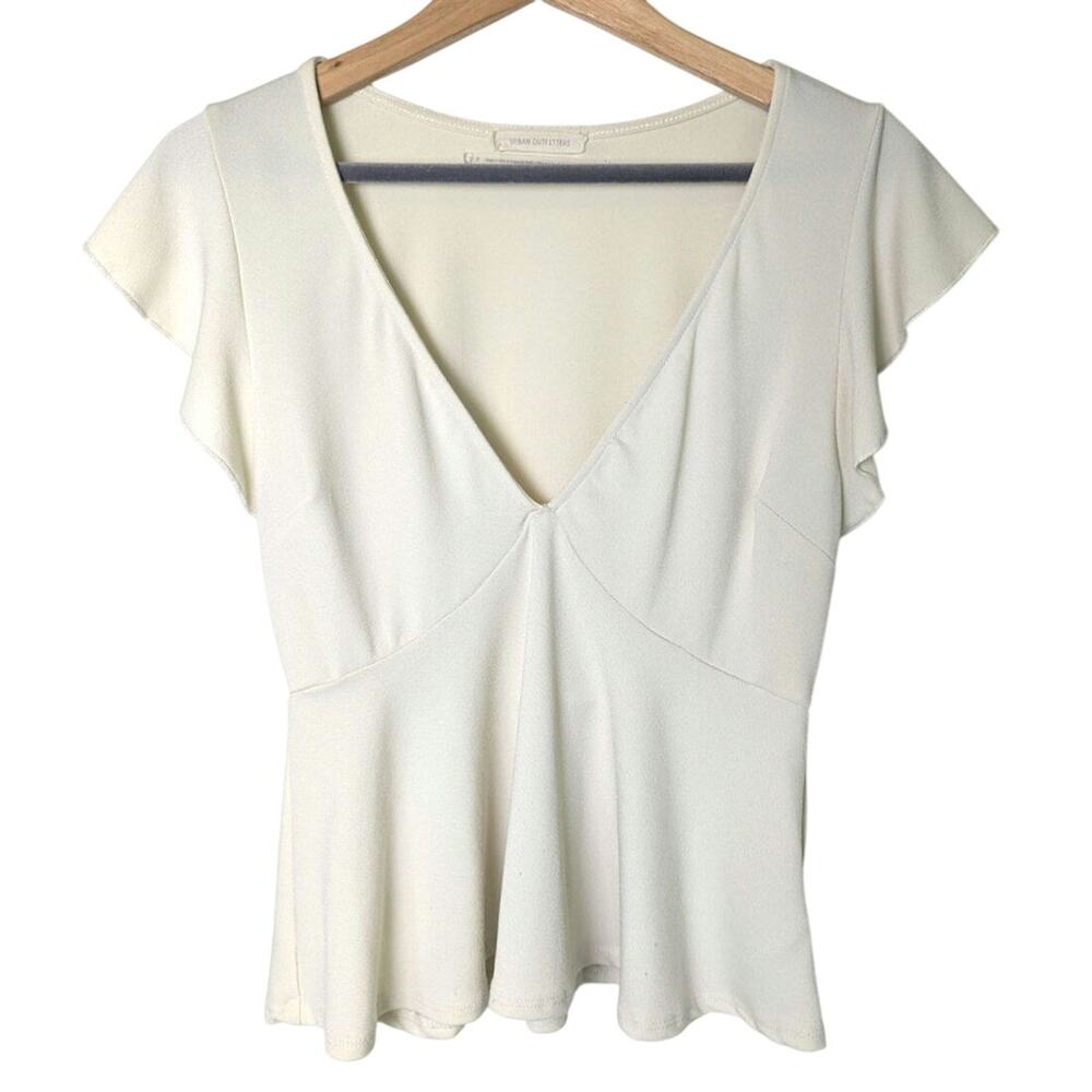 Urban Outfitters Cream Flutter Sleeve Babydoll V Neck Top Women Size S Fairy Y2K